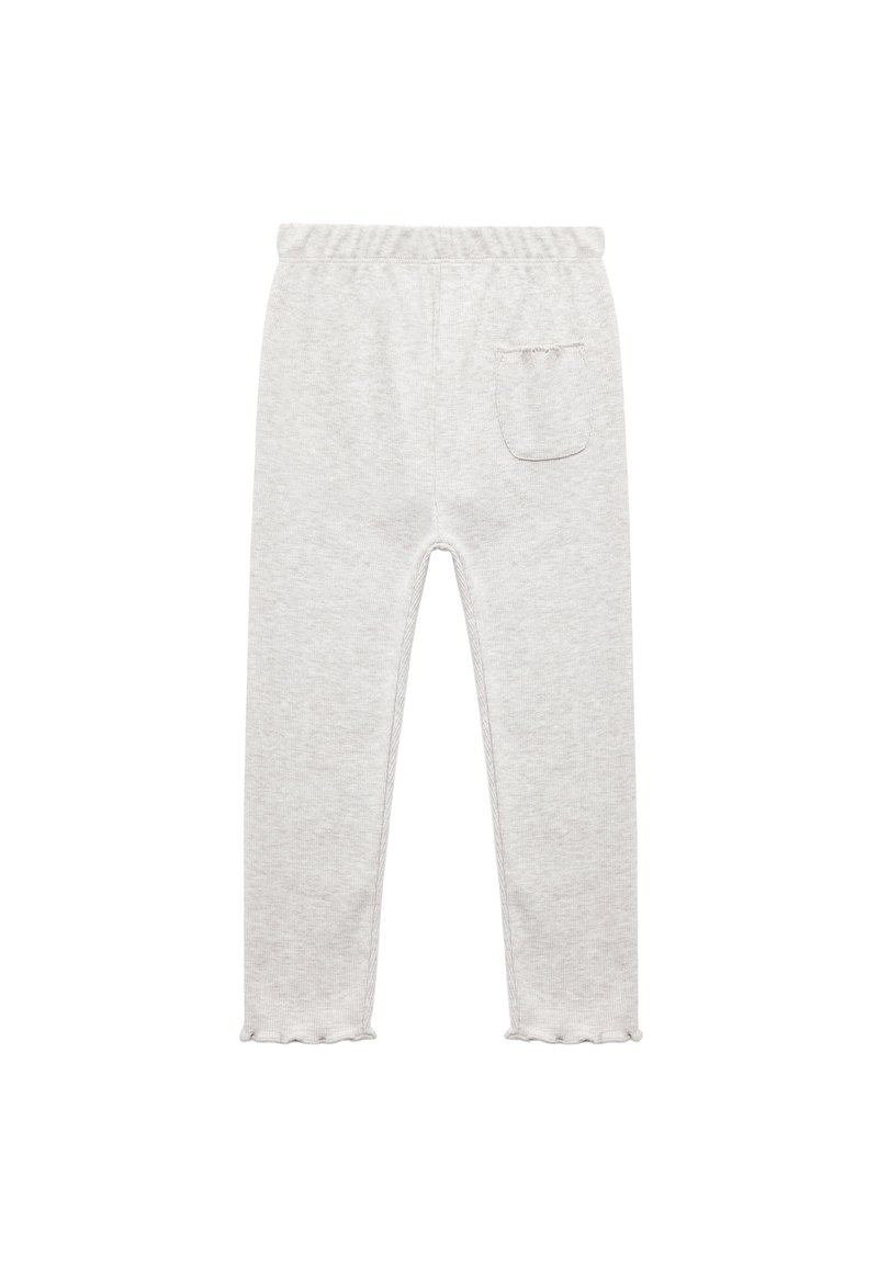 Lichtgrijze katoenen leggings met een comfortabele elastische tailleband, gegolfde enkelboorden en een klein patchzakje op de achterkant.