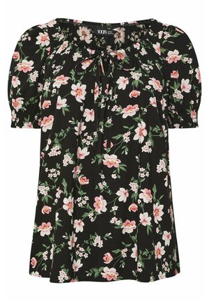 Black short-sleeve blouse with pink and white floral pattern, elasticated puff sleeves, and a keyhole neckline with tie detail.