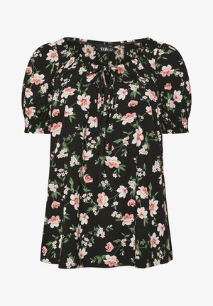 Blouse noire à manches courtes avec motif floral rose et blanc, manches bouffantes élastiquées et encolure fendue avec détail noué.