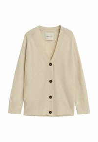 Beige cardigan with a V-neck, long sleeves, and front buttons. Features ribbed cuffs and hem, made from soft knit fabric.