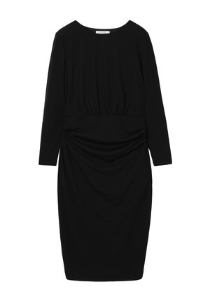 Schwarzes langärmliges Kleid mit rundem Ausschnitt und gerafftem Taillendetail, zeichnet sich durch eine figurbetonte Silhouette und eine glatte Stofftextur aus.