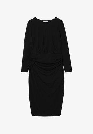Schwarzes langärmliges Kleid mit rundem Ausschnitt und gerafftem Taillendetail, zeichnet sich durch eine figurbetonte Silhouette und eine glatte Stofftextur aus.