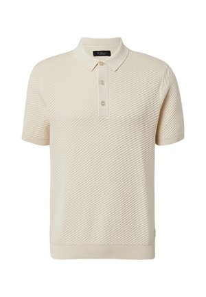 Helles beige Polo-Shirt mit kurzen Ärmeln, strukturiertem schrägem Muster, einer Drei-Knopf-Leiste sowie geripptem Kragen und Saum.