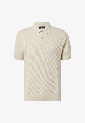 Helles beige Polo-Shirt mit kurzen Ärmeln, strukturiertem schrägem Muster, einer Drei-Knopf-Leiste sowie geripptem Kragen und Saum.