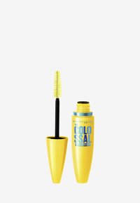 Tubetto di mascara giallo con testo blu, caratterizzato da un applicatore nero con una testa di spazzola gommoso di un brillante giallo. Formula waterproof indicata sull'imballaggio.