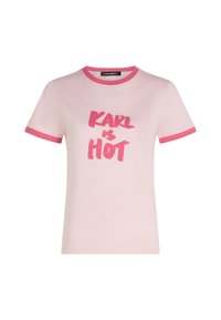 Rozā īsām piedurknēm T-krekls ar apaļu kakla izgriezumu, ar izteiksmīgu, stilizētu "KARL is HOT" grafiku tumšākā rozā krāsā. Pretstatā rozā apdare uz piedurknēm.