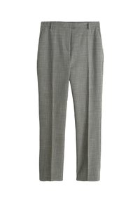 Pelēkas rūtainas bikses ar vieglu audumu, strukturētu dizainu, taisnām kājām un divām sānu kabatām. Ir smalks rūtainas raksta elements.