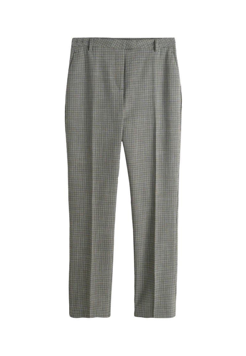 Pelēkas rūtainas bikses ar vieglu audumu, strukturētu dizainu, taisnām kājām un divām sānu kabatām. Ir smalks rūtainas raksta elements.