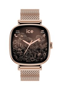 Smartwatch in oro rosa con display floreale, lancette analogiche, icone per data, chiamate e corsa, e un cinturino in rete coordinato.