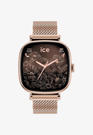 Smartwatch in oro rosa con display floreale, lancette analogiche, icone per data, chiamate e corsa, e un cinturino in rete coordinato.