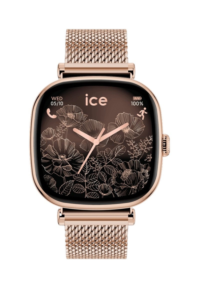 Smartwatch in oro rosa con display floreale, lancette analogiche, icone per data, chiamate e corsa, e un cinturino in rete coordinato.