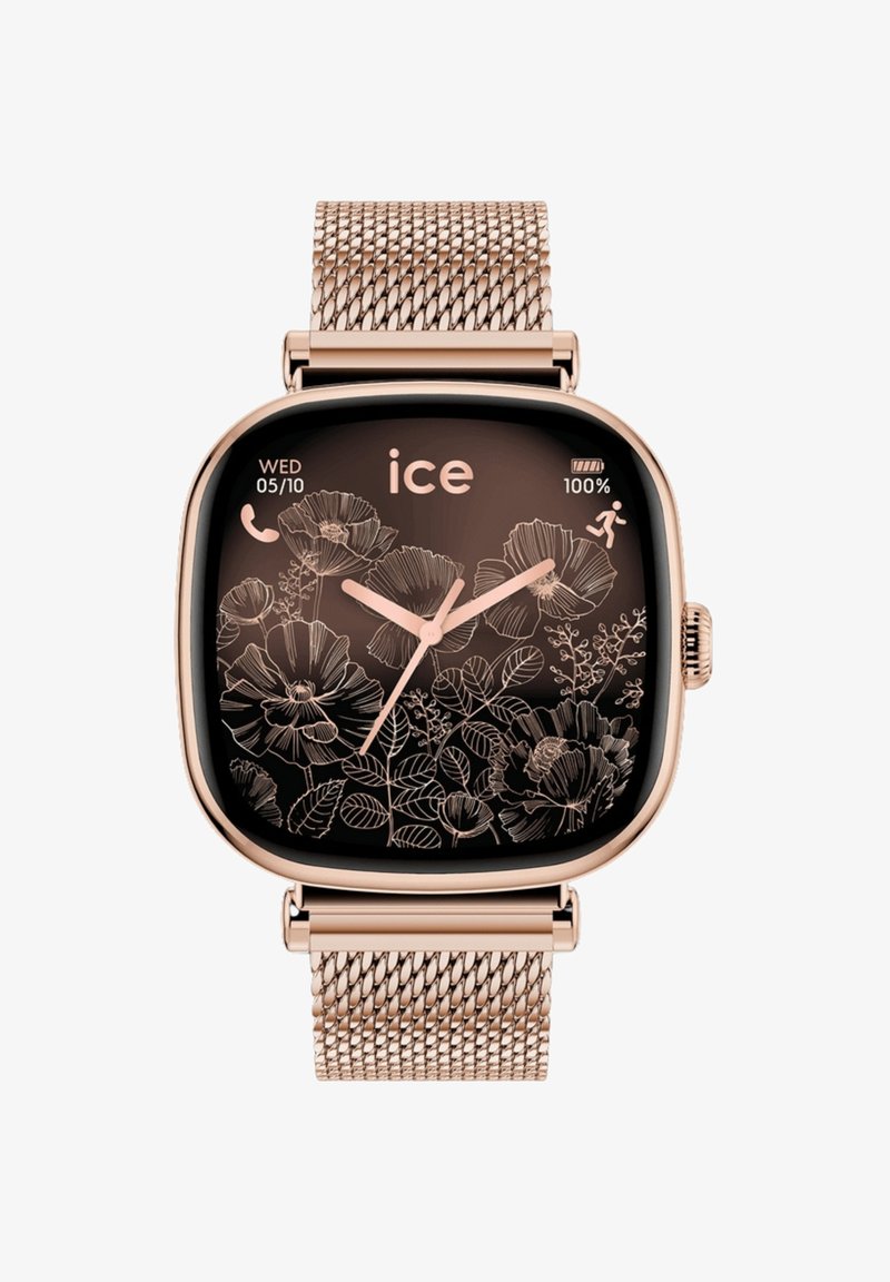 Roze gouden smartwatch met een bloemdial, analoge wijzers, datum, bel- en hardlooppictogrammen, en een bijpassende mesh band.