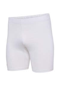 Vit kompressionsbyxor tillverkade av ett slätt tyg, med en stretchig midja och en åtsittande design med platta sömmar för komfort.