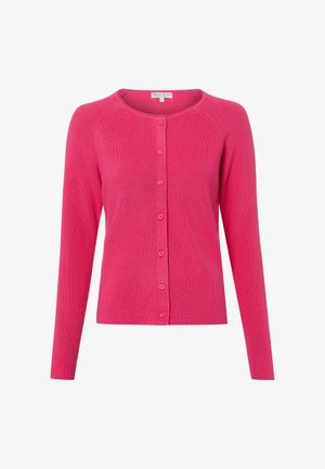 Felroze cardigan met lange mouwen, knoopsluiting, ronde halslijn en geribbelde breistructuur, maat small.