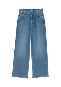 Svetlo modri široki jeans hlače iz jeansa z visokim pasom, petimi žepi in vidnim šivom; tkanina ima rahlo teksturiran videz.