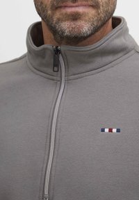 Felpa grigia con zip, caratterizzata da un alto colletto, una texture morbida e un piccolo logo ricamato in rosso, bianco e blu sul petto.