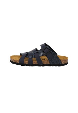 Zwart-grijze slippers met luipaardprint, drie banden, een gesp, een kurken voetbed en een zwarte, getextureerde zool, vanaf de zijkant getoond.