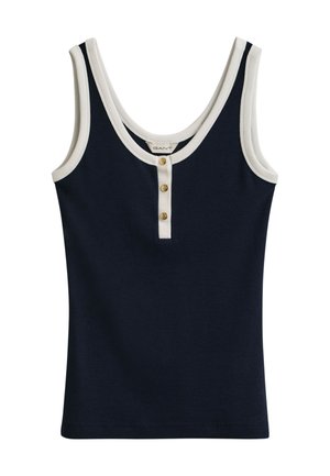 Sleeveless navy blue tank top with white trim around neckline and armholes, featuring three gold buttons on the front placket.