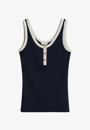 Mouwloos marineblauw tanktop met witte bies rond de halslijn en armsgaten, voorzien van drie gouden knopen op het voorste plooi.