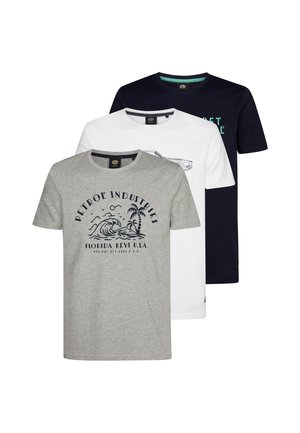 Three crew-neck t-shirts: gray with wave print, white with line drawing, and navy with text; all have short sleeves and smooth cotton fabric.