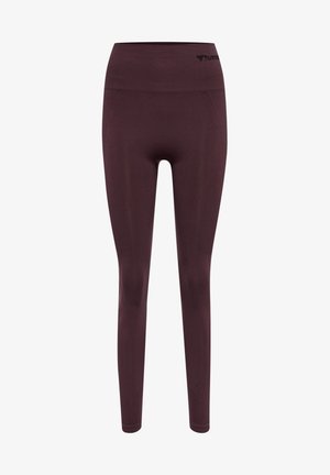 Burgunderfarbene Leggings mit hohem Bund, aus elastischem Stoff. Sie verfügen über ein nahtloses Design und dezente Texturdetails.