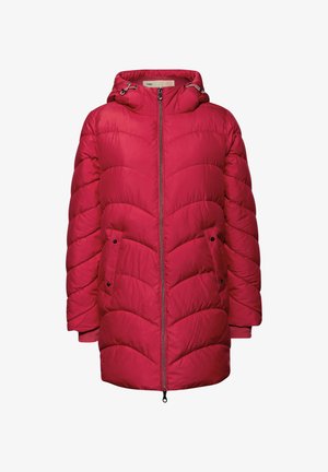 Rode gewatteerde winterjas met capuchon, voorrits en twee klepzakken met drukknoop, afgebeeld op een witte achtergrond.