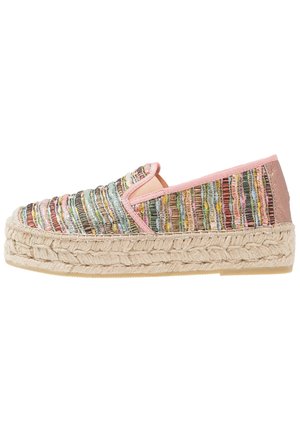Woven slip-on shoe with multicolored textile upper, pink accents, natural rope sole, and lightweight design.