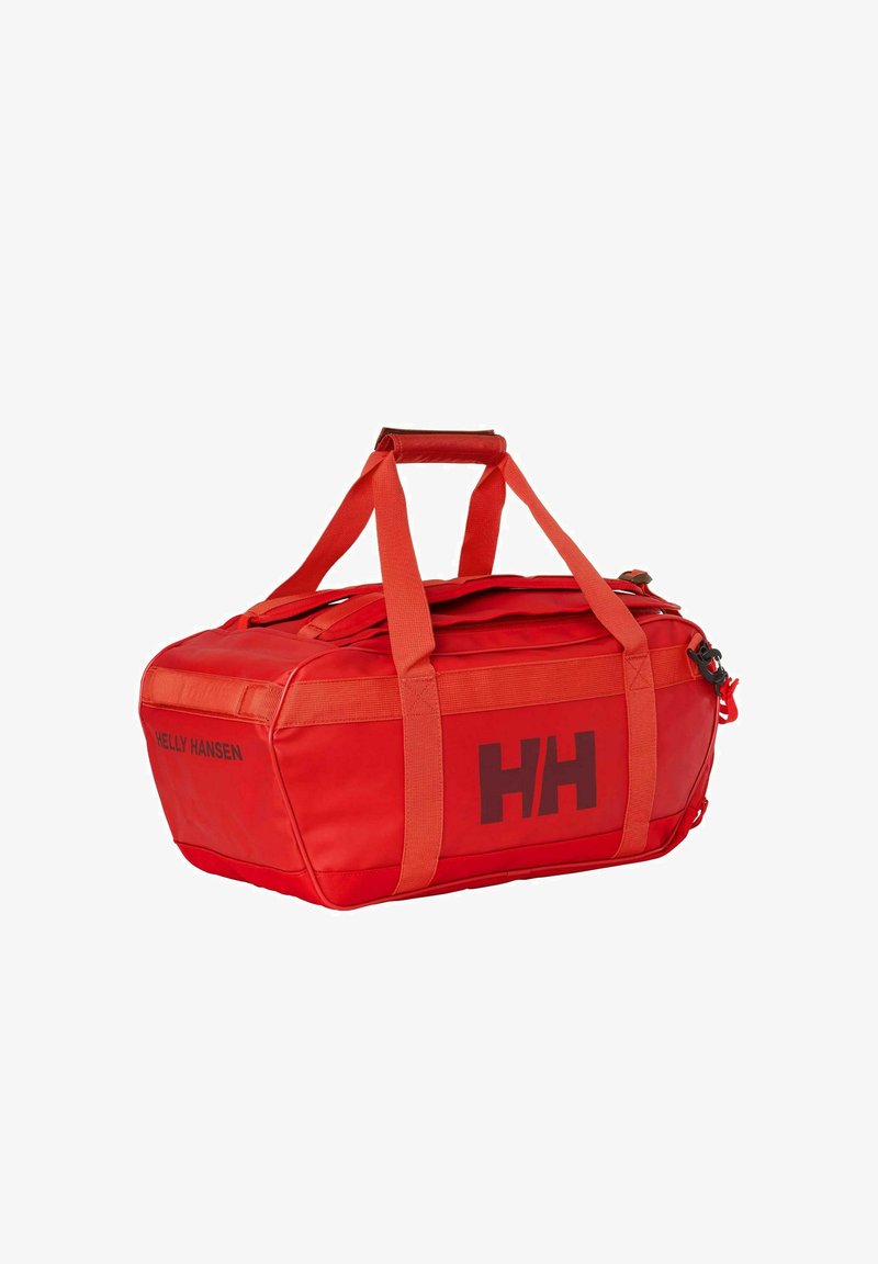 Rode sporttas met rode banden, voorzien van een zwart "HH"-logo. Gemaakt van duurzaam materiaal met een vierkante vorm en bovenste ritssluiting.