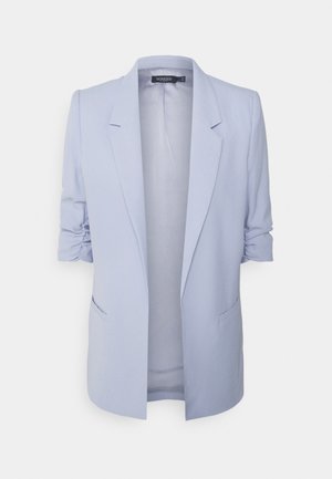 Light blue women's blazer with ruched three-quarter sleeves, open front, notched lapels, and two side pockets on a plain background.