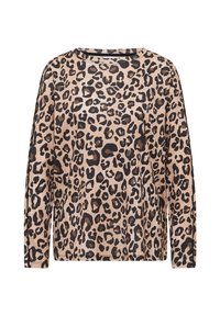Beżowo-czarna bluzka z długim rękawem w panterkę, charakteryzująca się luźnym krojem, okrągłym dekoltem i prostym dołem. Miękka faktura materiału.