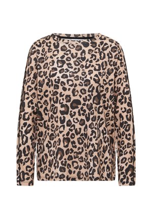 Leopardmuster Langarmshirt in Beige und Schwarz, mit einem lockeren Schnitt, Rundhalsausschnitt und geradem Saum. Weiche Stoffstruktur.