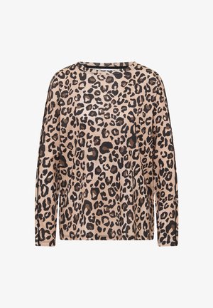Leopardikuosinen, pitkähihaisen paita beige-mustassa värissä, rento malli, pyöreä pääntie ja suora helma. Pehmeä kangaspinta.