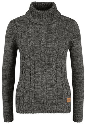Pull en maille torsadée gris avec des poignets et un ourlet côtelés, et une étiquette de marque tissée dans le bas à gauche.