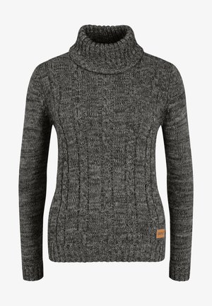 Šedý rolák s pleteným vzorem, žebrovanými manžetami a lemem, s etikettou značky umístěnou na dolní levé straně.