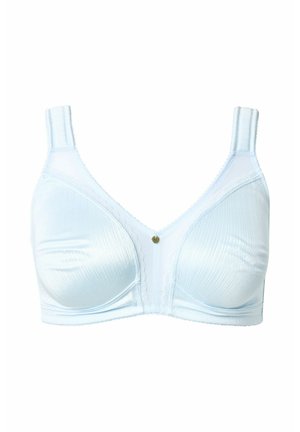 Weißes Satin-BH mit breiten verstellbaren Trägern, vorgeformten Cups, Spitzenbesatz und einem kleinen dekorativen Anhänger in der Mitte.