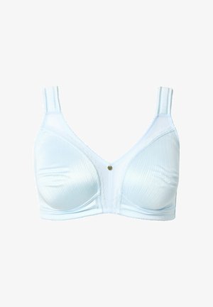 Biały satynowy stanik z szerokimi regulowanymi ramiączkami, profilowanymi miseczkami, koronkowym wykończeniem i małym centralnym dekoracyjnym elementem.