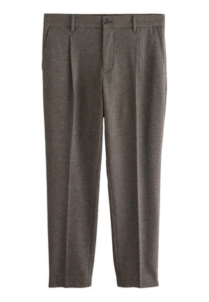 Brązowe, dopasowane spodnie ze subtelnym wzorem w kratę, zapinane z przodu na guzik i zamek, z bocznymi kieszeniami i szlufkami na pasek.