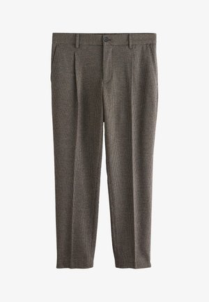 Rjave hlače ožje kroja z nežnim karo vzorcem, sprednja zapenjanja na gumbe in zadrgo, stranskimi žepi in zankami za pas.