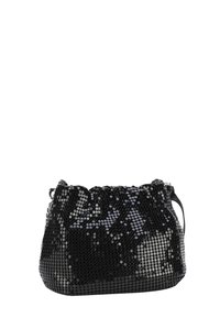 Borsa a rete nera con forma arrotondata, caratterizzata da paillettes circolari, parte superiore arricciata e una singola tracolla regolabile. Texture liscia e finitura lucida.