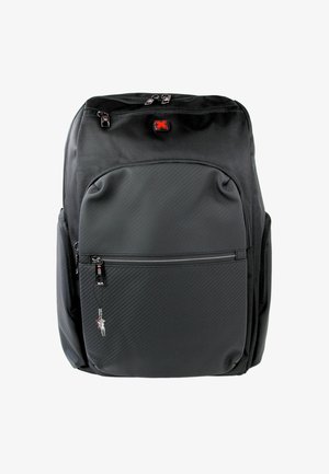 Black backpack made of textured fabric, featuring a large main compartment, front zip pocket, and side mesh pockets. Red logo detail visible.