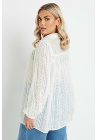 Blusa bianca trasparente con tessuto testurizzato e motivi ricamati, vestibilità ampia e maniche lunghe a sbuffo. Dettaglio della piega sul retro visibile.