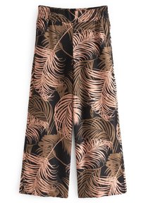 Zwarte wijde broek met een roze en bronzen palmbladenpatroon, gemaakt van een lichtgewicht stof met een elastische tailleband.