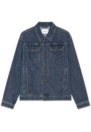 Jachetă din denim albastru închis cu închidere cu nasturi, două buzunare cu clapetă și nasturi pe piept și două buzunare laterale cu deschidere pe lateral, mâneci lungi și guler ascuțit.