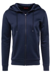 Dunkelblaues Zip-Hoodie aus weichem Stoff mit Kapuze, verstellbaren Kordeln, seitlichen Taschen, gerippten Bündchen und Saum.