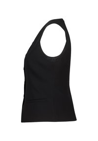 Chaleco sin mangas negro con un diseño entallado, fabricado en un tejido suave. Presenta un escote redondeado y un pequeño bolsillo lateral.