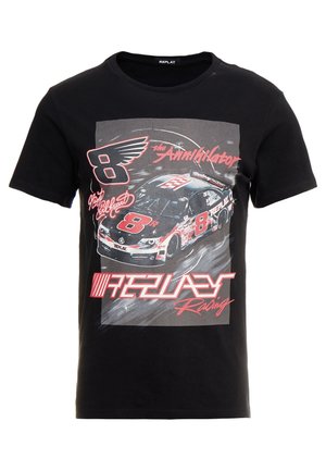 Sort bomuld T-shirt med et grafisk tryk af en racerbils og teksten "The Annihilator" i rød og hvid. Kortærmet, crew neck design.