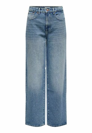 Jeans ampi di un blu chiaro realizzati in denim, con decorazioni decorative sparse, una vita con chiusura a bottone e cinque tasche.