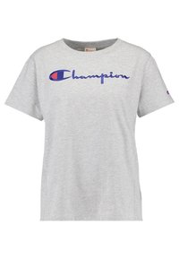 Grijze katoenen t-shirt met een blauw "Champion" logo op de borst en een klein gekleurd logo op de mouw. Ronde halslijn, korte mouwen.