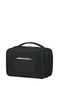 Trousse de toilette Samsonite noire avec un matériau texturé, un design épuré, une fermeture éclair et un accent logo argenté à l'avant.