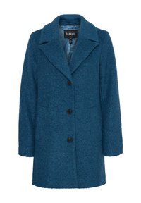 Teal wollen blend jas met een geknipt kraag, lange mouwen en vier zwarte knopen. Heeft een gestructureerde afwerking en twee zijzakken.